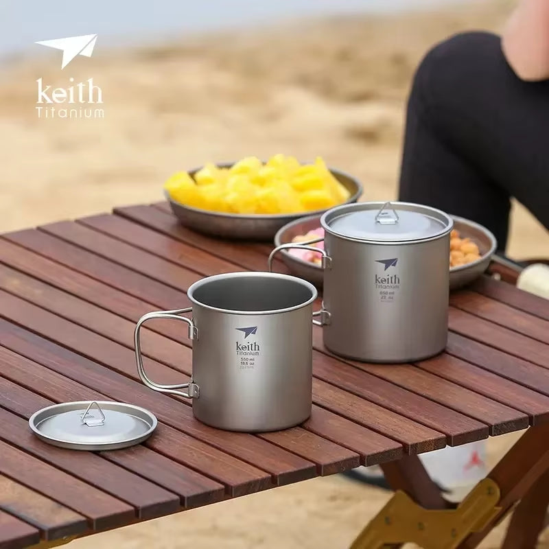 Titanium Single-Wall Mug with Folding Handle and Lid Outdoor Camping Travel Hiking Cups 220Ml-500Ml
