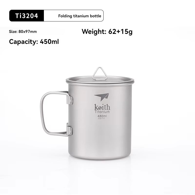 Titanium Single-Wall Mug with Folding Handle and Lid Outdoor Camping Travel Hiking Cups 220Ml-500Ml