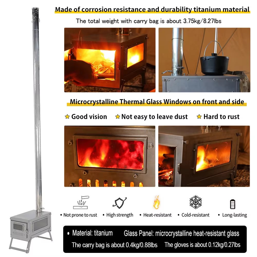 Titanium Folding Stove with 2M/3M Chimney Lightweight 0.8Mm Titanium Wood Stove for Outdoor Camping Hiking Bushcraft