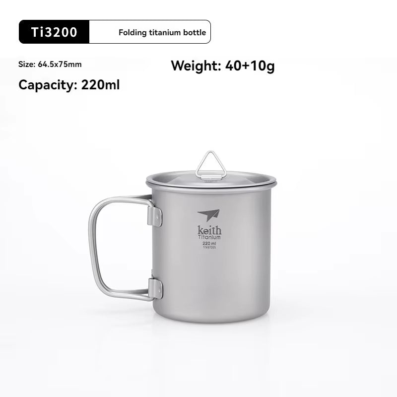Titanium Single-Wall Mug with Folding Handle and Lid Outdoor Camping Travel Hiking Cups 220Ml-500Ml