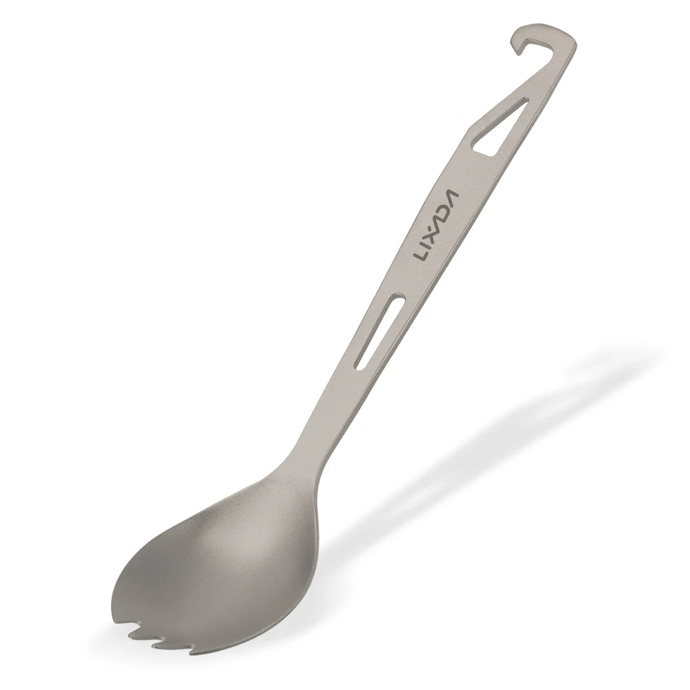2 in 1 Outdoor Titanium Spoon Camping Tableware Bottle Opener Picnic Dinner Titanium Spork Fork for Travel Backpacking