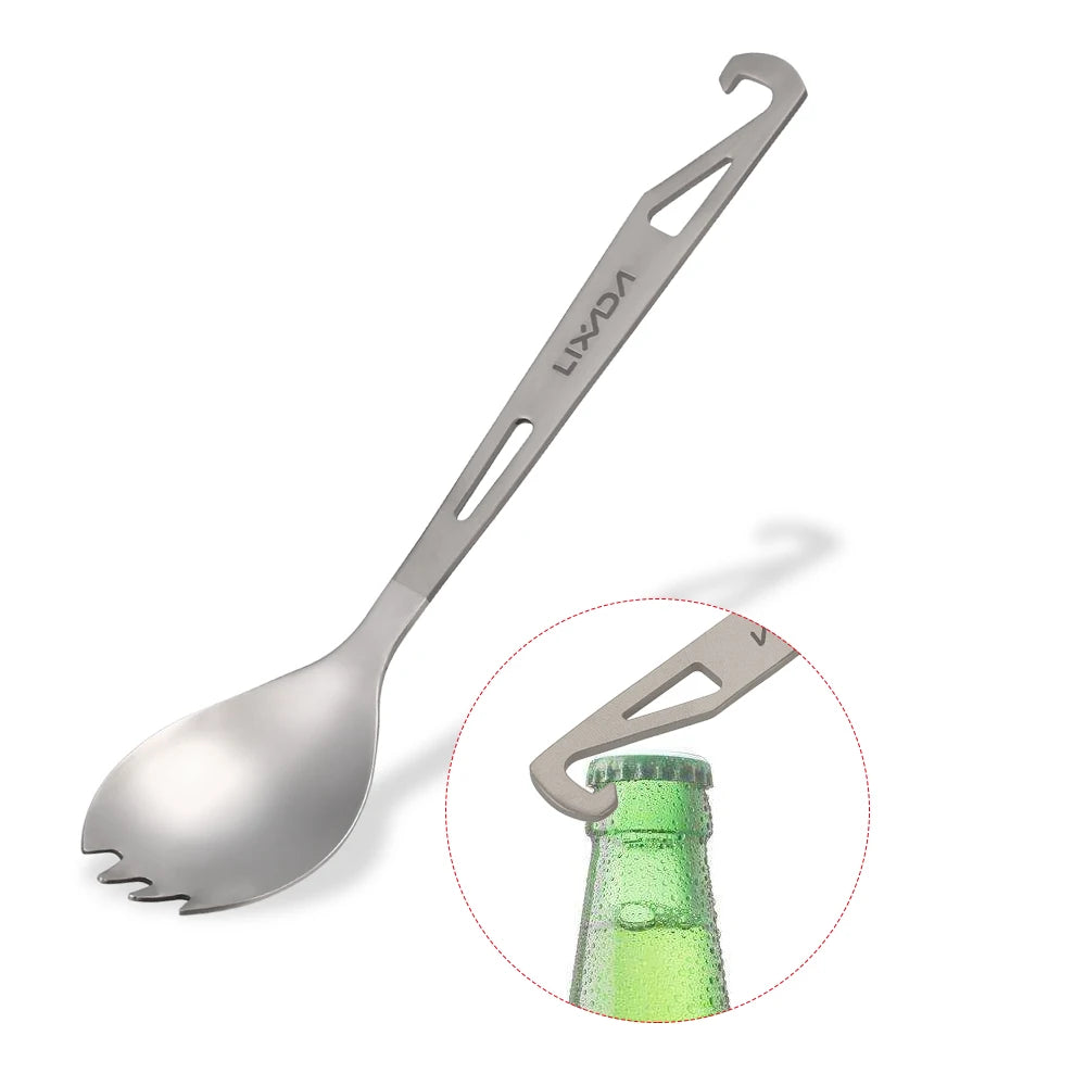 2 in 1 Outdoor Titanium Spoon Camping Tableware Bottle Opener Picnic Dinner Titanium Spork Fork for Travel Backpacking