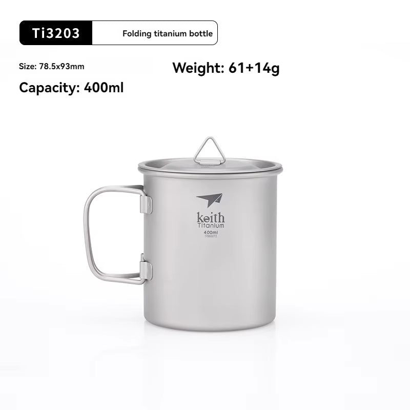 Titanium Single-Wall Mug with Folding Handle and Lid Outdoor Camping Travel Hiking Cups 220Ml-500Ml