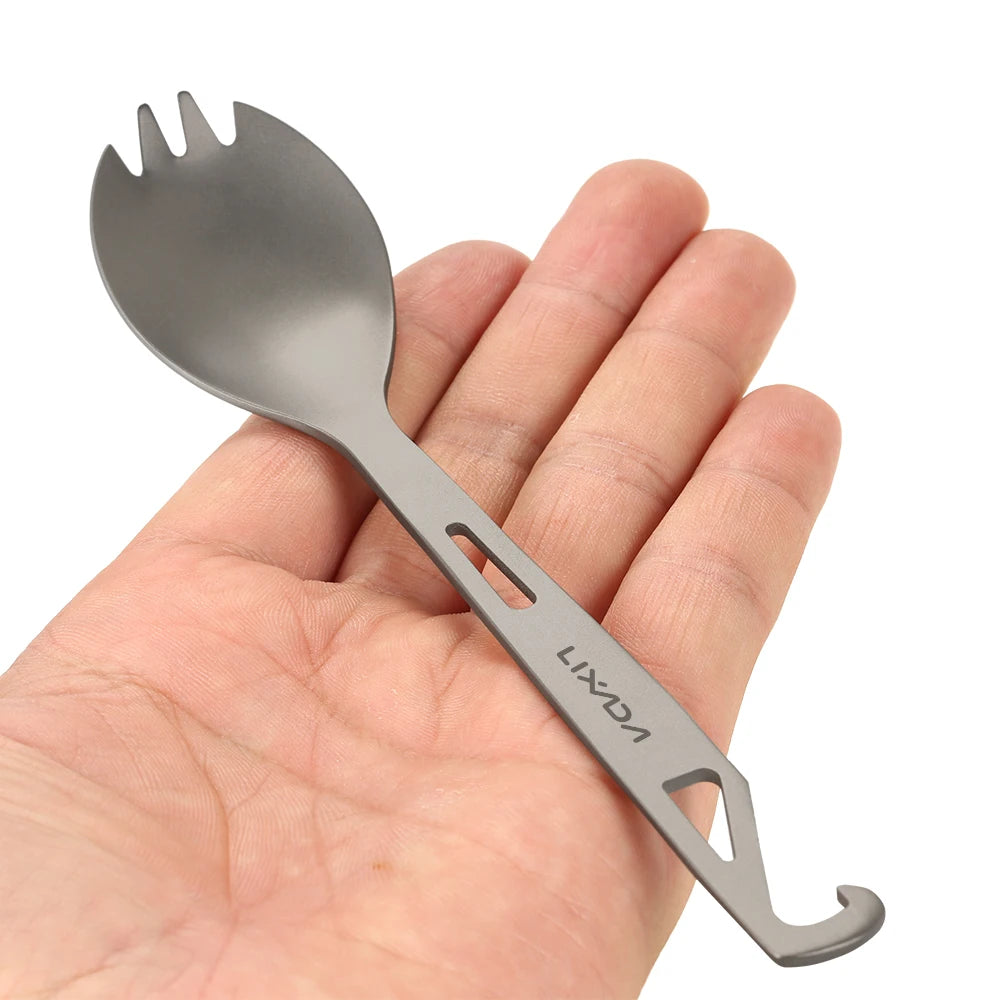 2 in 1 Outdoor Titanium Spoon Camping Tableware Bottle Opener Picnic Dinner Titanium Spork Fork for Travel Backpacking