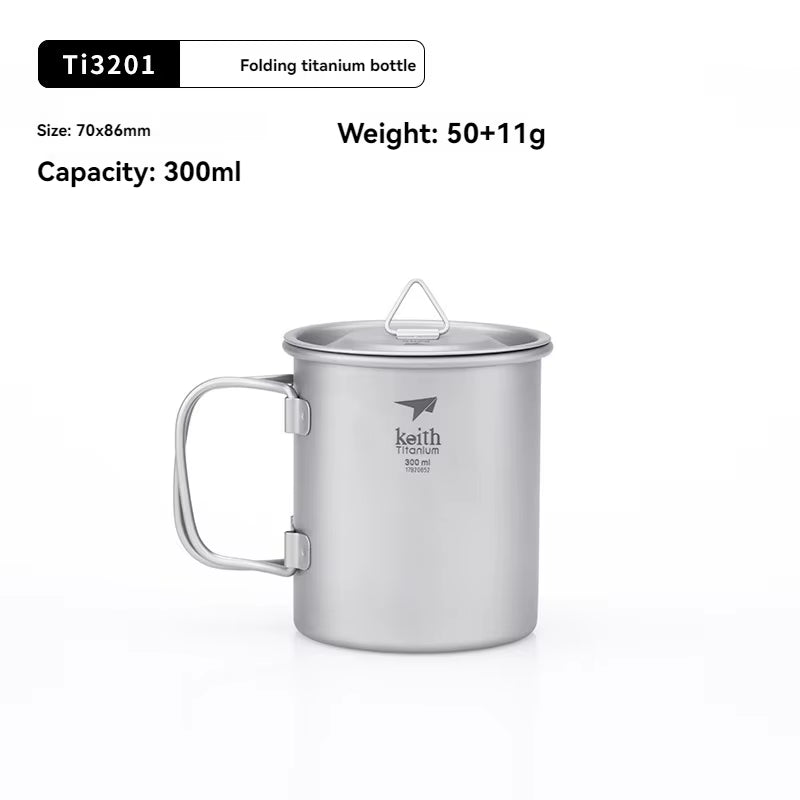 Titanium Single-Wall Mug with Folding Handle and Lid Outdoor Camping Travel Hiking Cups 220Ml-500Ml