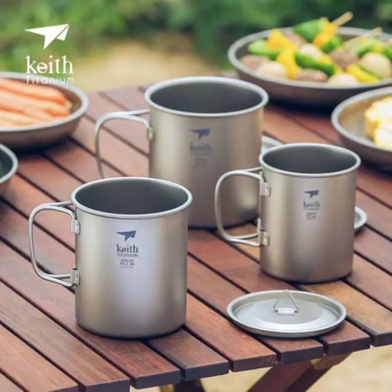 Titanium Single-Wall Mug with Folding Handle and Lid Outdoor Camping Travel Hiking Cups 220Ml-500Ml