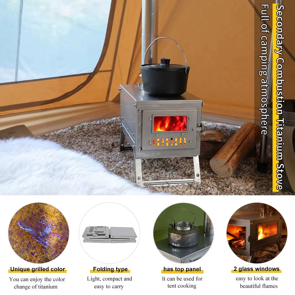 Titanium Folding Stove with 2M/3M Chimney Lightweight 0.8Mm Titanium Wood Stove for Outdoor Camping Hiking Bushcraft