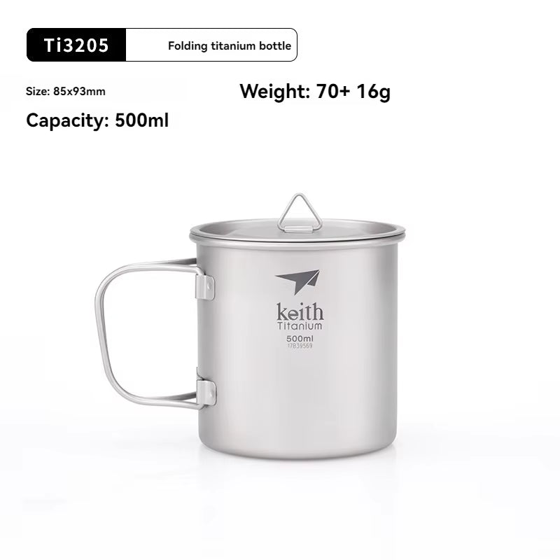 Titanium Single-Wall Mug with Folding Handle and Lid Outdoor Camping Travel Hiking Cups 220Ml-500Ml