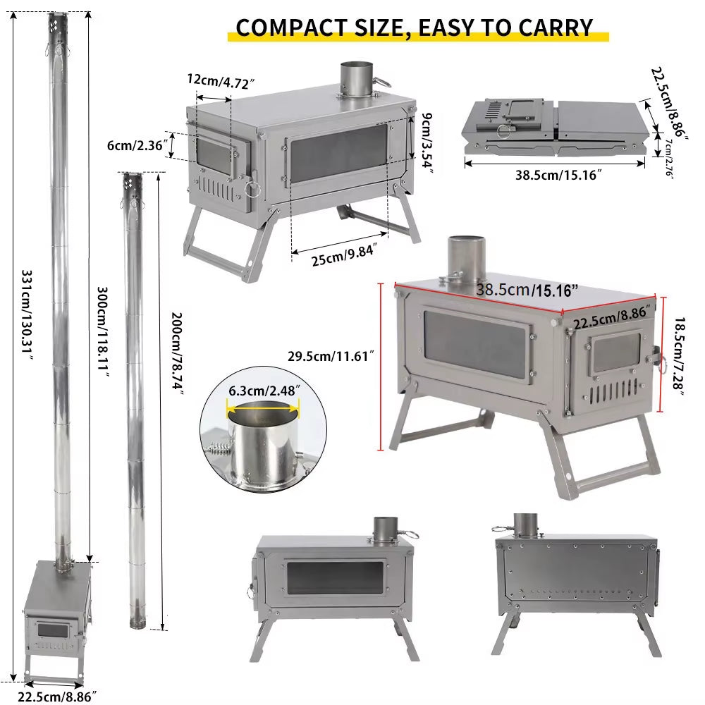 Titanium Folding Stove with 2M/3M Chimney Lightweight 0.8Mm Titanium Wood Stove for Outdoor Camping Hiking Bushcraft