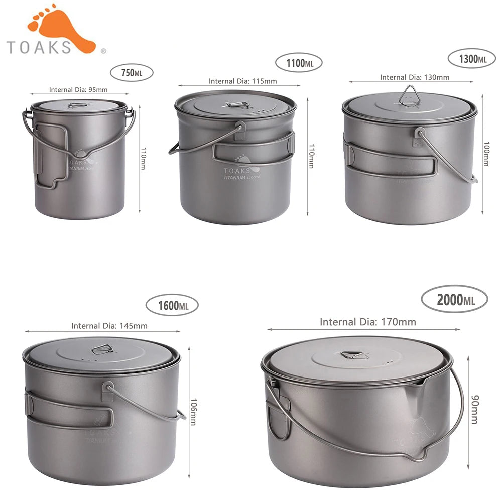 TOAKS TITANIUM POT with BAIL HANDLE Outdoor Camping Pot Lightweight Equipment 750Ml, 1100Ml, 1300Ml, 1600Ml, 2000Ml