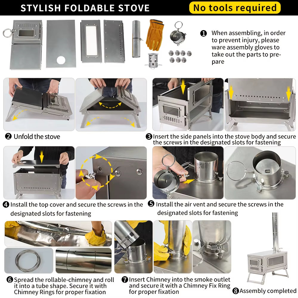 Titanium Folding Stove with 2M/3M Chimney Lightweight 0.8Mm Titanium Wood Stove for Outdoor Camping Hiking Bushcraft